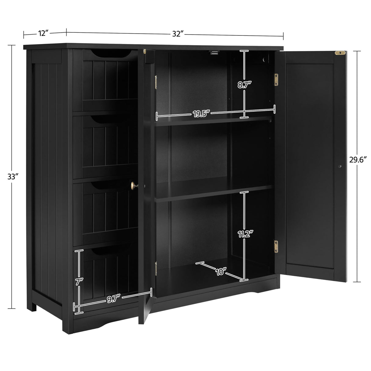 Yaheetech Black Wooden Bathroom Storage Cabinet with 4 Drawers and Double Doors Yaheetech