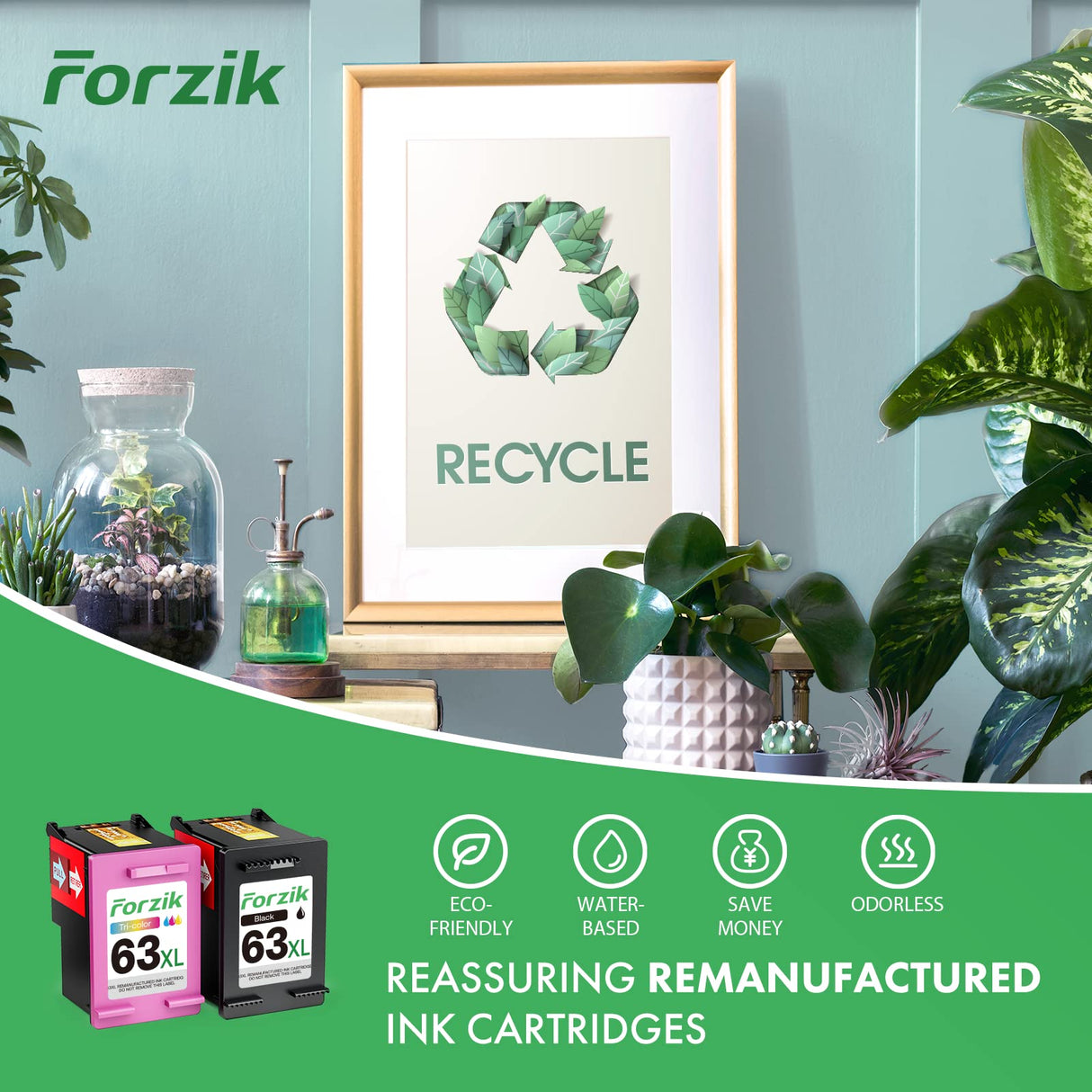 Forzik Remanufactured 63XL Ink Cartridge Replacement for HP Ink 63 63XL Works with OfficeJet 3830 4650 4652 5255 Envy 4520 5540 DeskJet 1110 2130 Printer(1Black,1Color,2 Pack) Forzik