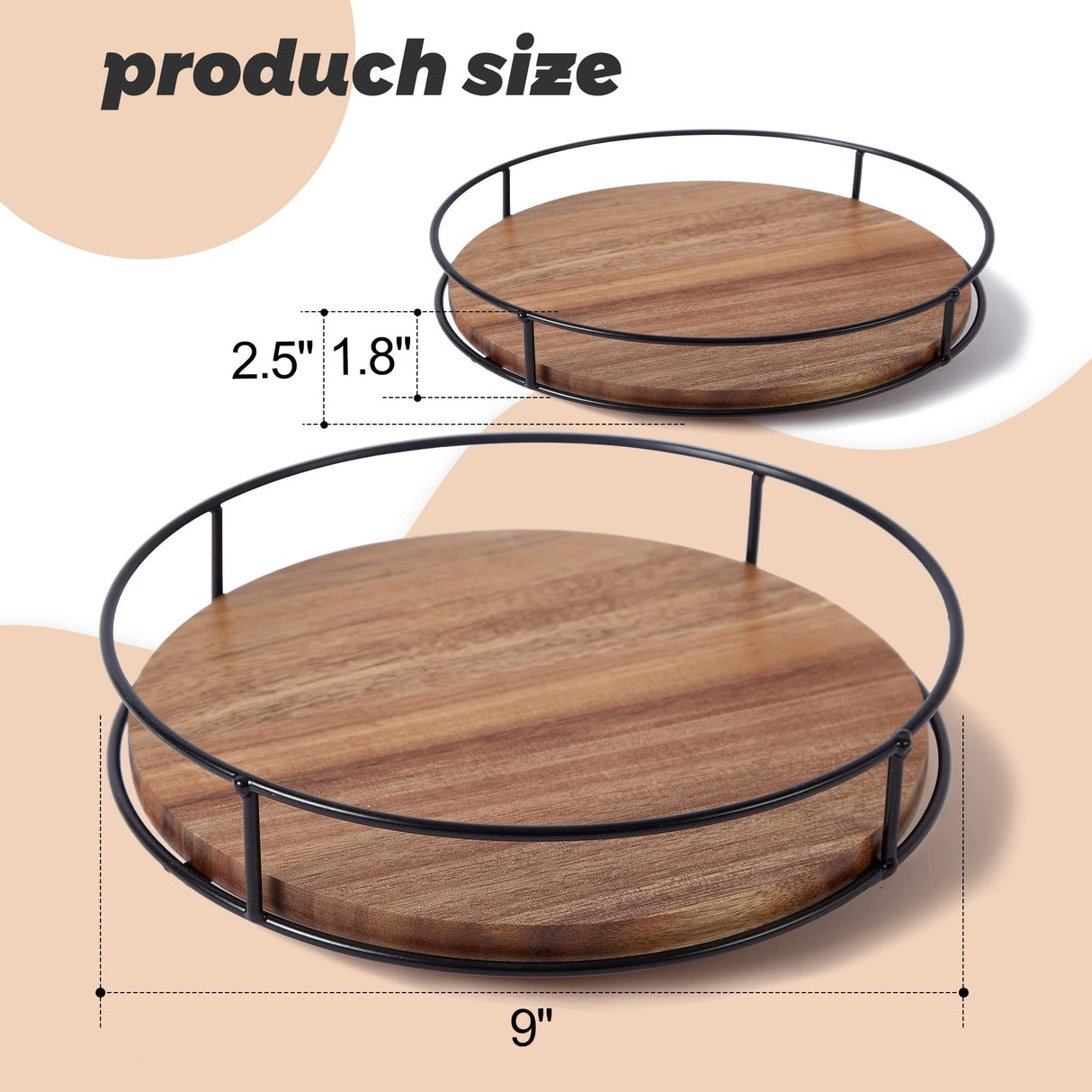 9" Acacia Wood Lazy Susan Turntable, Tomoaza Kitchen Organizer Turntable with Steel Sides, 360 Degree Turntable for Countertop Cabinet or Dining Table Tomoaza