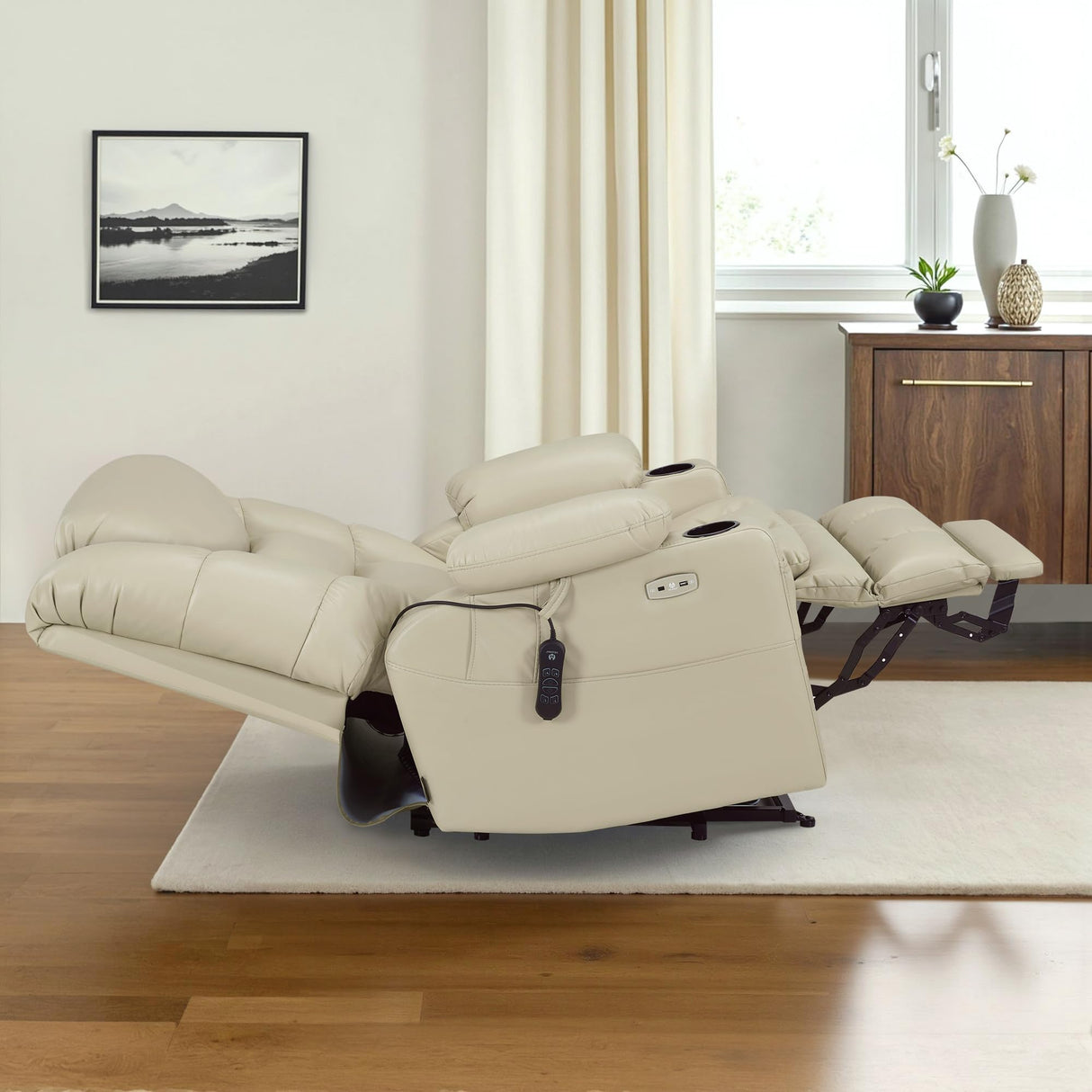 MCombo Oversized Triple Motor Power Lift Recliner Chair with Massage and Dual Heating, Adjustable Headrest for Big and Tall Elderly People, Faux Leather R7635 (Beige, Large-Oversize) MCombo