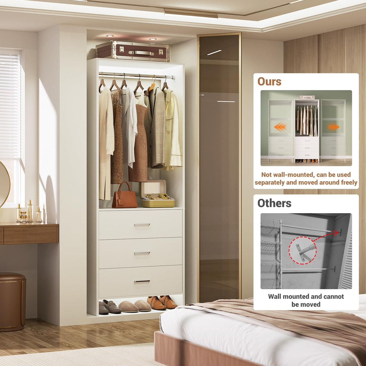 Aheaplus 2FT Closet System with 3 Drawers, 24’’ Closet Organizer, Wood Closet Organizer System, Walk-in Closet or Small Closets Wardrobe, Clothes Rack with Hanging Rods,-E6, White Aheaplus