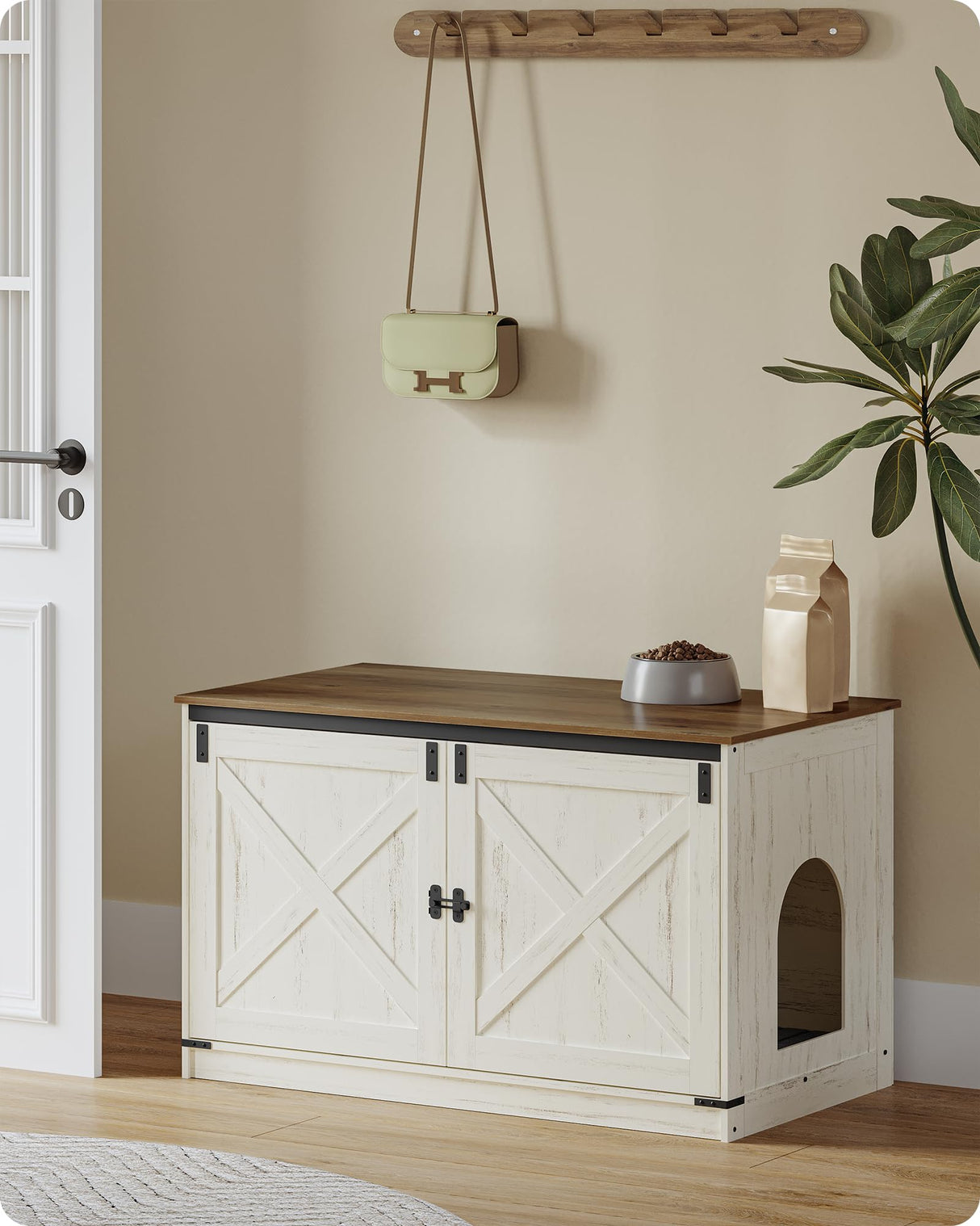 Hzuaneri Cat Litter Box Enclosure with Cushion, Hidden Litter Box Furniture with Removable Dividers, Reversible Entrance Left or Right Side,Cat House, Rustic White and Brown CB84714X Hzuaneri