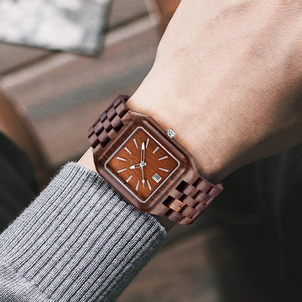 Dentily Wood Watch Men's Rectangle Dial Wooden Watches Quartz Movement Mens Watches… Dentily