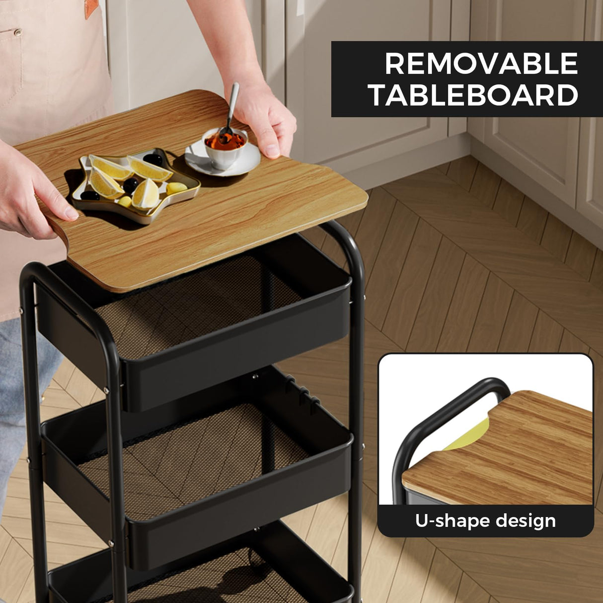 johgee 3 Tier Rolling Cart with Table top, Metal Utility Cart, Sturdy Storage Organizer Cart with Locking Wheels & Hooks for Office, Classroom, Kitchen and Bathroom johgee