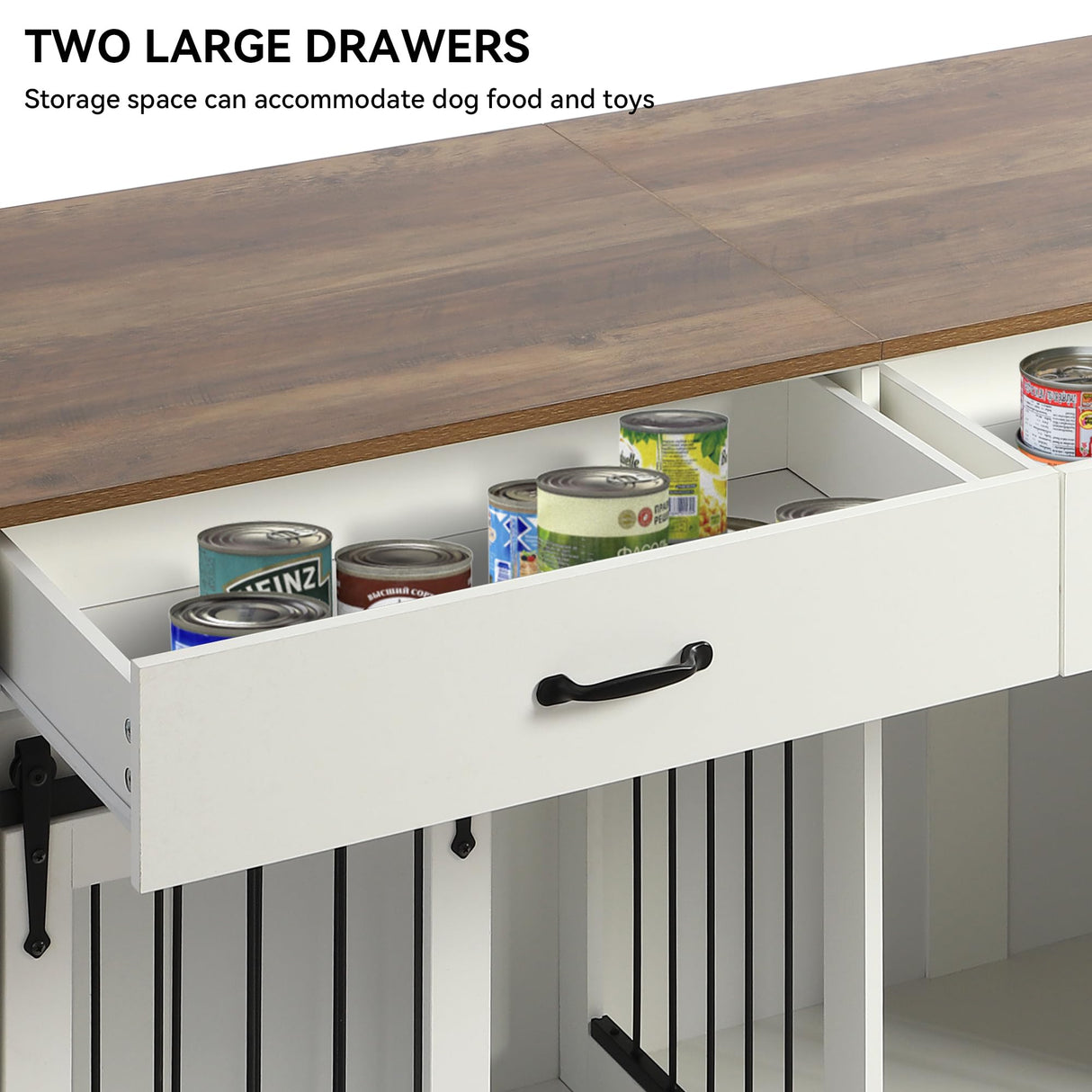 71" Furniture Dog Crate for 2 Dogs, Double Dog Furniture Crate, Furniture Dog Cage Indoor for Large Medium Small Dogs, Wood Dog Kennel with Tilt Out Cabinet, Drawers, Divider and Sliding Door, White LOUVIXA