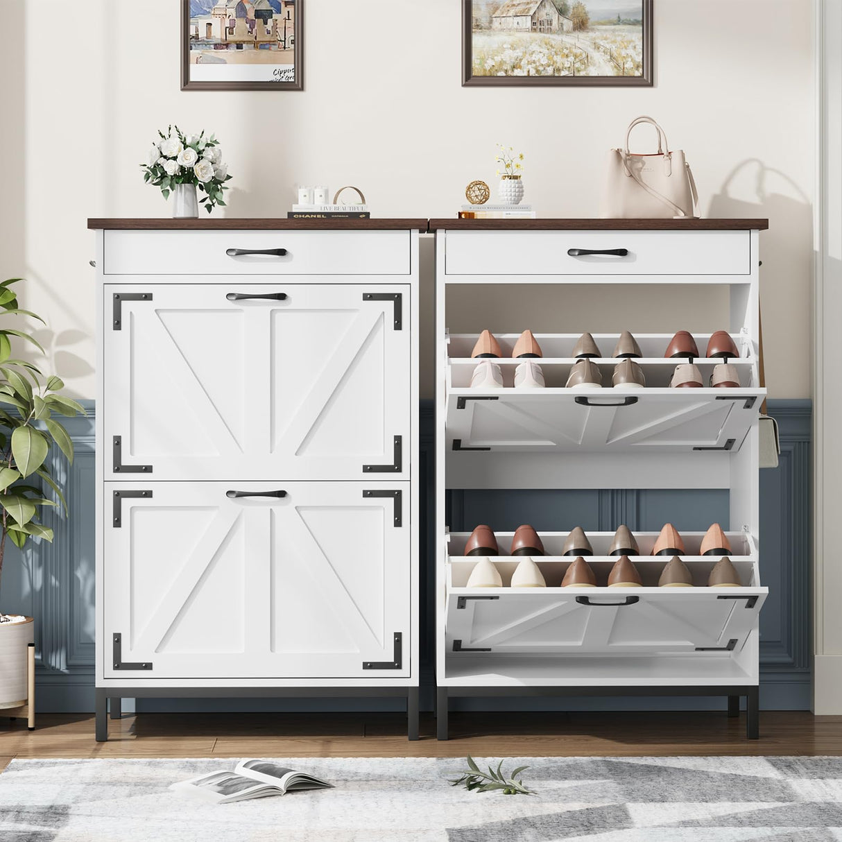 Shoe Cabinet Storage for Entryway Hidden Shoes Storage Cabinet with 2 Flip Drawers, Farmhouse Narrow Shoe Rack Cabinet Slim Free Standing Shoe Organizer Cabinet for Door Entry, Foyer, Hallway, White Jocoevol