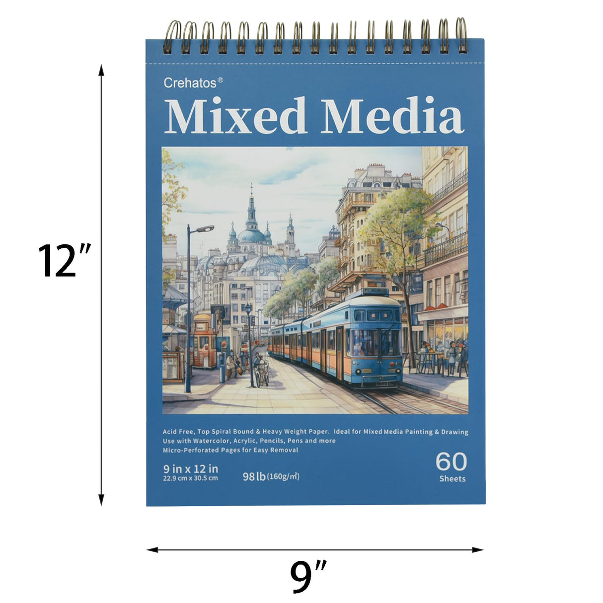 Crehatos Mixed Media Sketchbook 9" x 12", Top Spiral Bound Sketch Pad, 60 Sheets 98lb/160gsm Drawing Paper for Wet and Dry Media, 1 Pack Crehatos