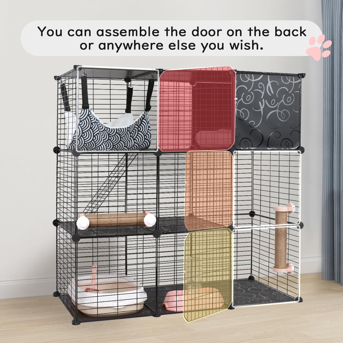 BriSunshine Cat Cages Indoor, 3 Tier DIY Cat Enclosure with Large Hammock, Metal Wire Pet House Kennels Crate Catio with Litter Box, Bed, Scratchers, Bowl, Stairs for 1-2 Cats BriSunshine