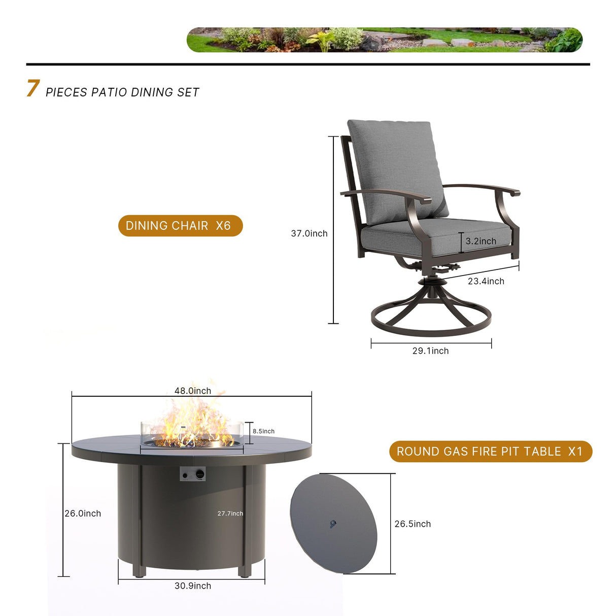 Trumbeak 5 Piece Metal Outdoor Patio Furniture Set with 48"/55000 BTU Round Fire Pit Table,Outdoor Dining Table Set 4 Swivel Chairs No-Slip Cushions and Waterproof Covers,Grey Trumbeak