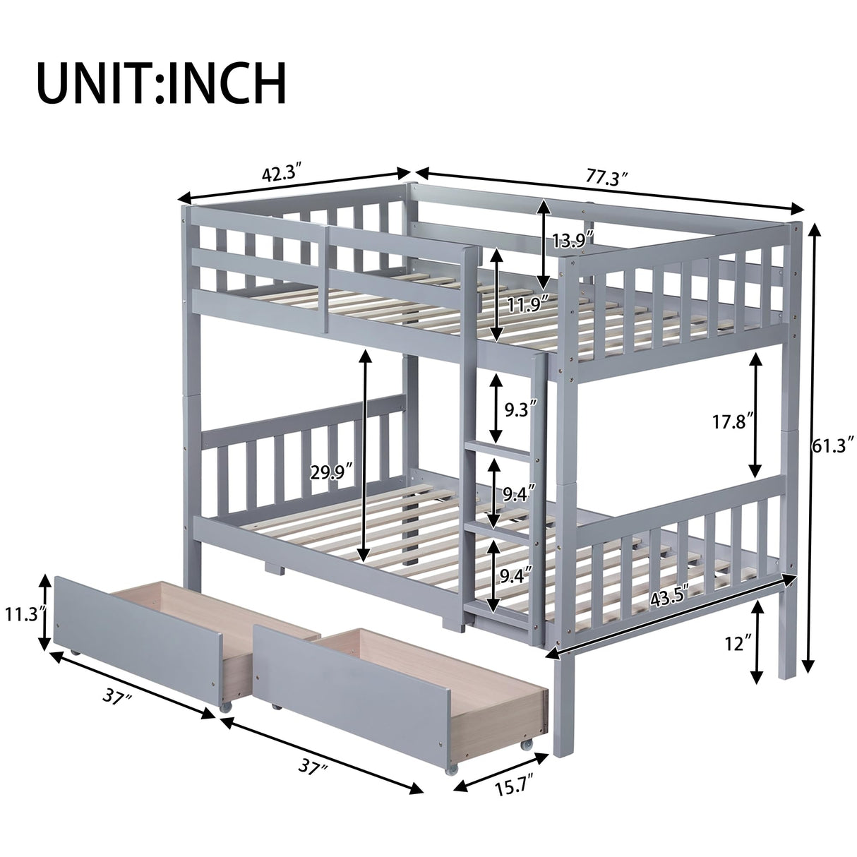 Twin Over Twin Bunk Bed with Storage Drawers, Solid Wood bunk Bed with Ladders and Raised Guardrails for Kids, Convertible into 2 Twin Beds, Bunk Bed Twin Over Twin, Grey Bellemave