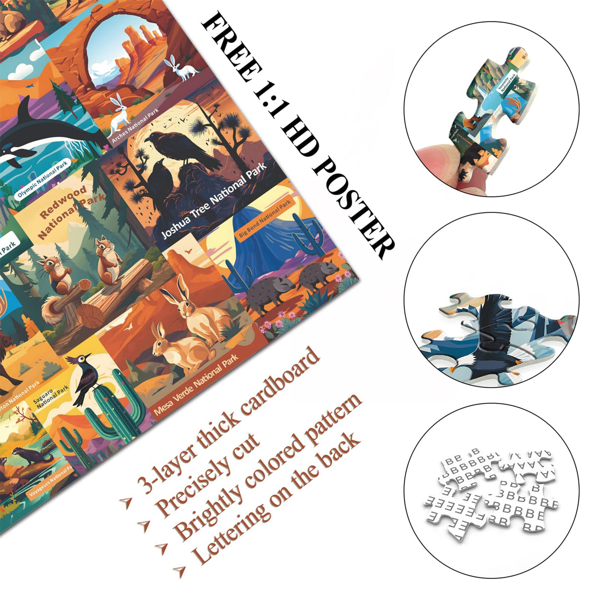 American National Parks Puzzle for Adults 1000 Pieces, PICKFORU Travel Poster Landscape Puzzle Scenery of Zion Yellowstone Yosemite with Animals, Scenic Jigsaw Puzzles for Adults Mountain Scene PICKFORU