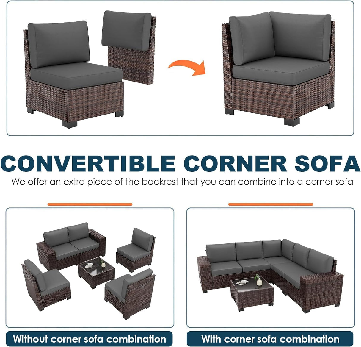 VONZOY Patio Furniture Set, 6 Pieces Outdoor Sectional Sofa Conversation Sets, Brown PE Rattan Wicker Seating Set, 4'' Thickened Cushions & 1 Glass Coffee Table for Backyard Poolside, Grey VONZOY