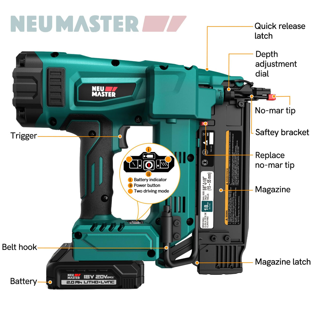 NEU MASTER Upgraded Brad Nailer, 18 Gauge Nail Gun Battery Powered with Brushless Motor, 20V Max Cordless Nail Gun, Adjustable Depth, Ideal for Roofing, Sheathing, Framing, Woodworking NEU MASTER