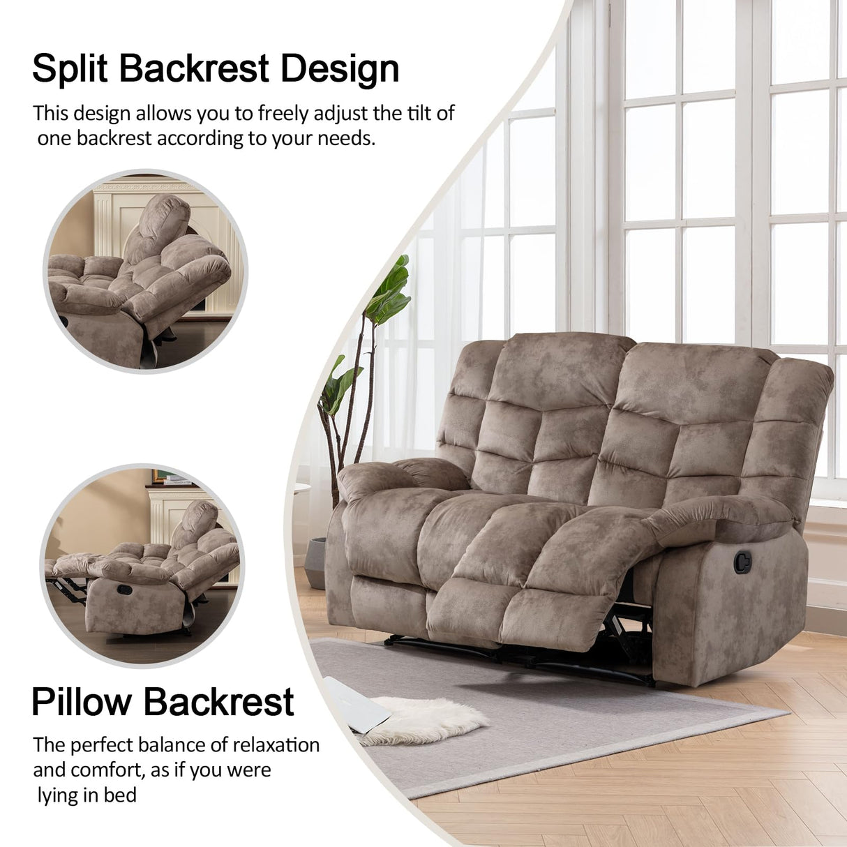 CANMOV Manual Loveseat Recliner, 2 Seat Recliner Sofa Chair with Armrest and Overstuffed Backrest, Couch Set for Living Room, Bedroom, Office, Light Brown CANMOV