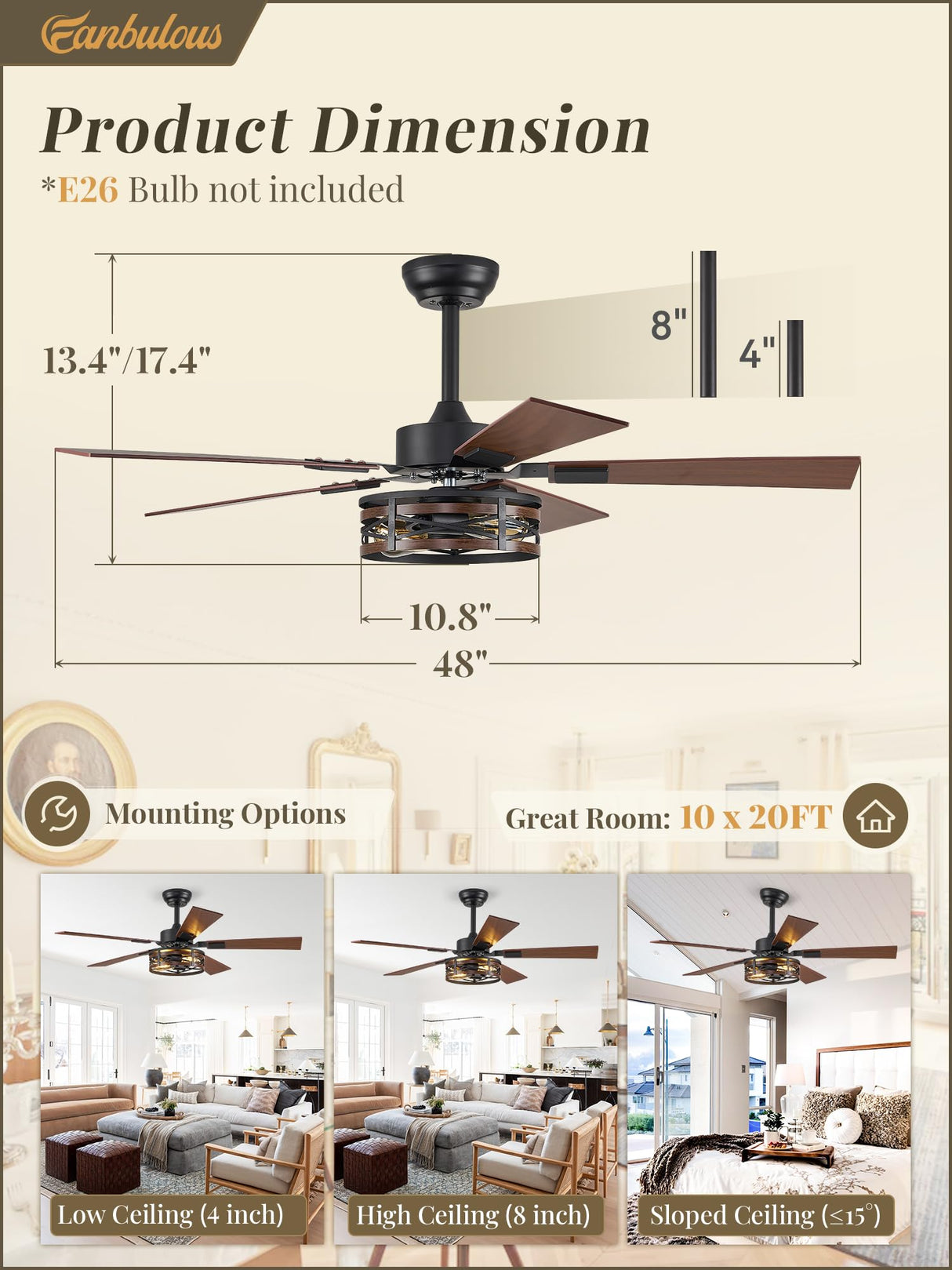 Farmhouse Ceiling Fans with Light, 48 Inch Bedroom Ceiling Fan with Lights, 6-Speed Adjustable, Quiet and Reversible DC Motor, Dual Finish 5 Blades, Rustic Caged Ceiling Fan for Living Room Fanbulous
