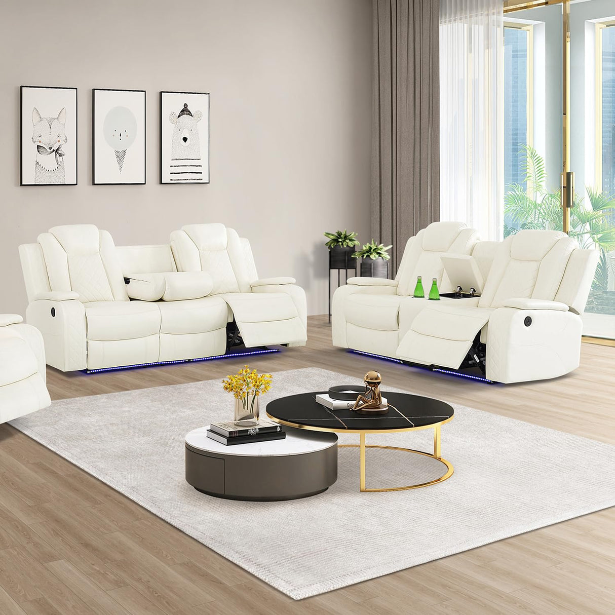 SIENWIEY Power Leather Recliner Set for Living Room, Electric Reclining Sofa and Loveseat Set with LED Lights, White Leather Sofa Set 2 Pieces with 3 Seats Sofa,Double Recliner Loveseat SIENWIEY