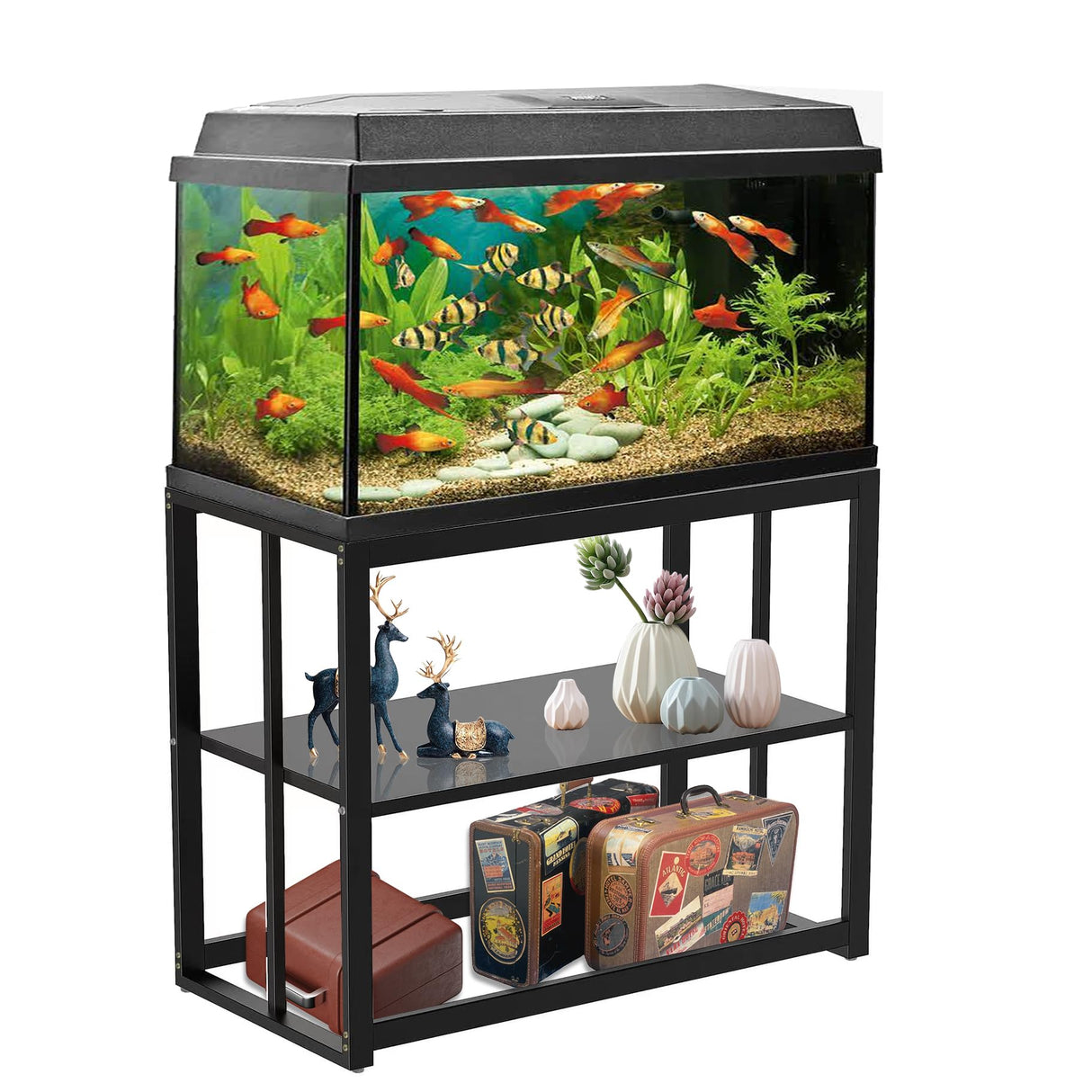 Akenow Fish Tank Stand 40 Gallon , Metal Aquarium Stand Double Layer with Storage 36.4" x 18.5"x29.1 fits Aquarium,Turtle Tank/Reptile Terrariums,White (Black) Akenow