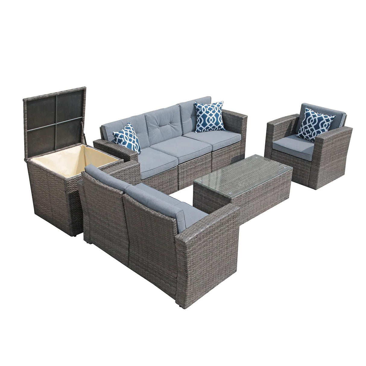 Super Patio 8 Pieces Conversation Sets, All-Weather Outdoor Patio Furniture Sets, U-Shaped PE Wicker Rattan Patio Sectional Sofa, with Cushions, Storage Box, Coffee Table, 3 Pillows, Gray Super Patio