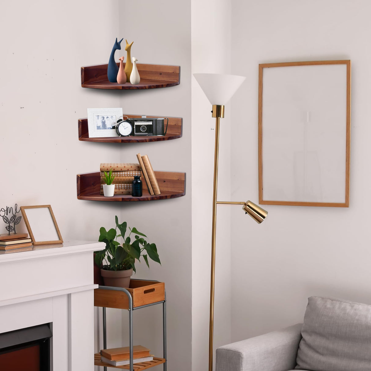 Demigo Corner Shelf Wall Mount Set of 3, Solid Acacia Wood Floating Corner Shelves for Storage and Display, Hanging Wood Shelves for Bedroom, Kitchen, Living Room, Bathroom (Dark Brown) Demigo