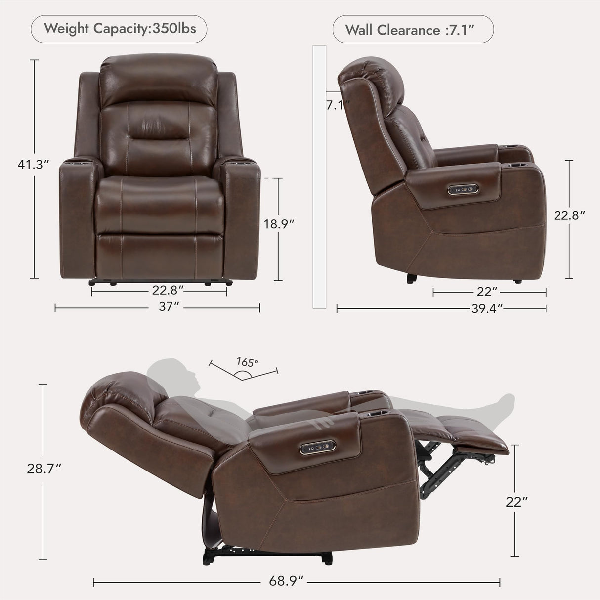 Watson & Whitely Genuine Leather Power Recliner Chairs for Adults, Lay Flat Recliner with Power Headrest, USB Ports and Cup Holders, Electric Reclining Sofa for Living Room, Bedroom, Dark Brown Watson & Whitely