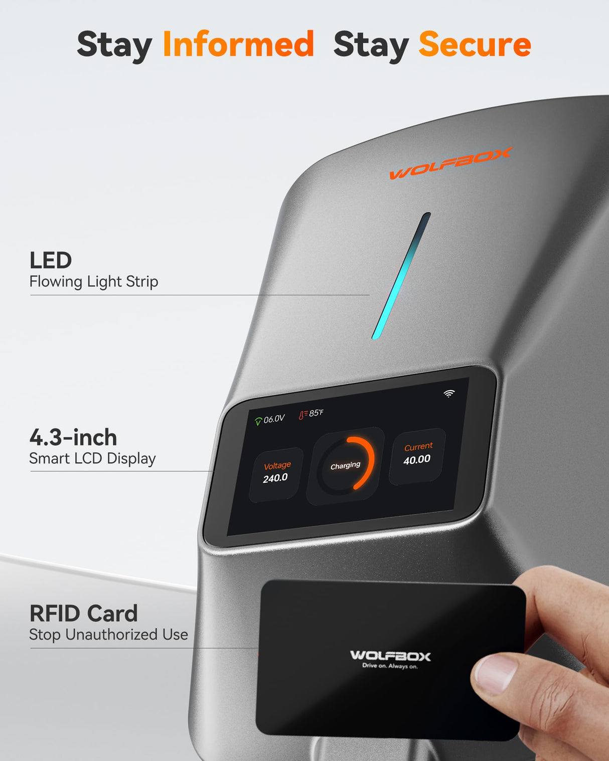 WOLFBOX Level 2 EV Charger 40 Amp - Smart Display, RFID Card, 25ft Cable, Outdoor/Indoor, NEMA 14-50 EV Charger Level 2, WiFi Enabled Electric Car Charger, 240V Electric Vehicle Charging Stations WOLFBOX