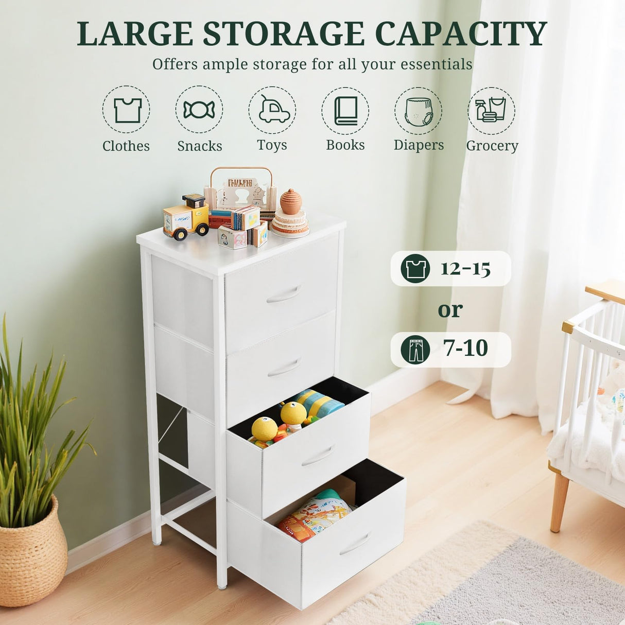 Nightstand, 4 Drawer Dresser End Table Bedside Furniture with Wooden Top Steel Frame Fabric Bins for Bedroom, Closet, Entryway, Dorm, Living Room, White SageNest