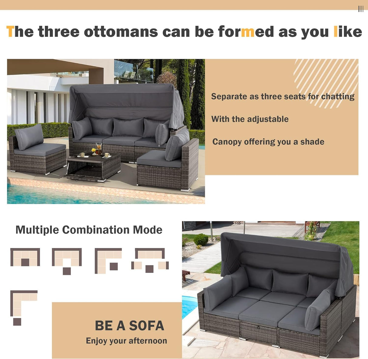 HOMREST 6 Pieces Patio Furniture Sets, Outdoor Daybed with Canopy, Rattan Outdoor Sectional Sofa Set with Adjustable Backrest, Chaise Chair Sunbed for Garden Poolside Backyard(Gray) HOMREST