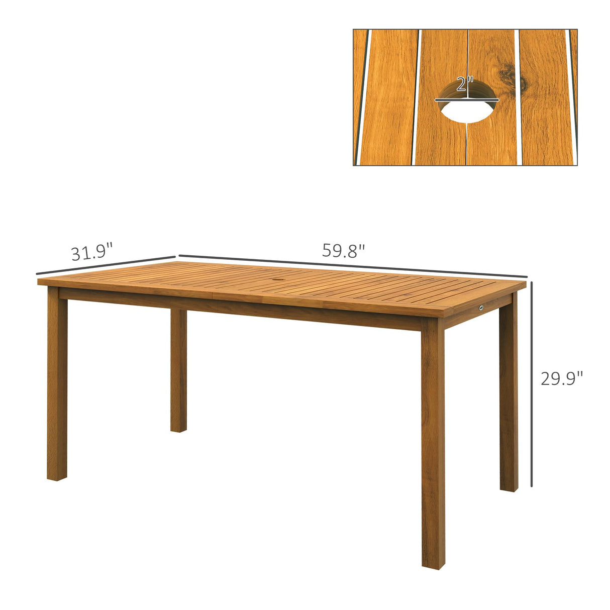 Outsunny Rectangle Patio Table for 6, Outdoor Dining Table with Umbrella Hole, Acacia Wood Table for Garden, Backyard, Deck, Natural Wood Outsunny