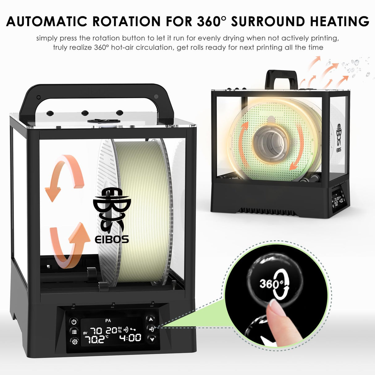 【EIBOS Official 】3D Printer Filament Dryer Box Polyphemus with Fan, Auto-Rotation, Auto-Humidity Control & Extra Large Space for 3KG Spools, 1.75mm 2.85mm 3.00mm Nylon, PLA, TPU, 360° Surround Heating EIBOS