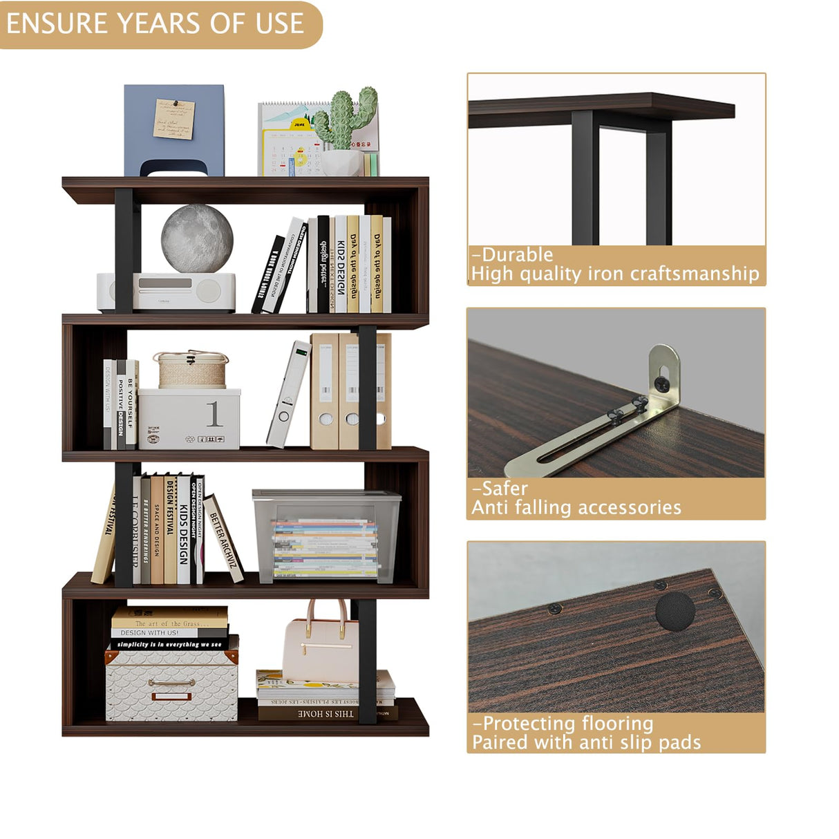 SORCEDAS Bookshelf Geometric Bookcase S Shaped Industrial Bookshelf Storage Display Stand Shelf for Living Room Bedroom and Office Room (Black, 4 Tier) SORCEDAS