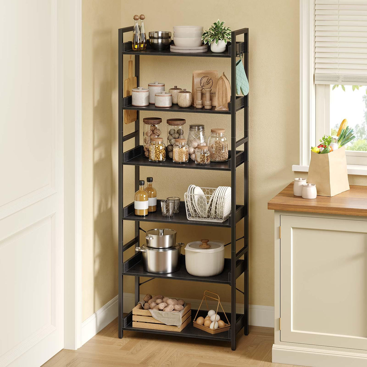 Rolanstar Bookshelf 6 Tier with 4 Hooks, Industrial Wood Bookcase, Vintage Storage Rack with Open Shelves, Rustic Standing Bookshelves Metal Frame Display Rack for Living Room, Bedroom, Black Rolanstar
