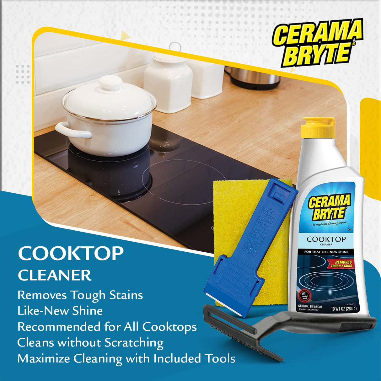 Cerama Bryte Combo Kit POW-R Grip, Scraper, Pads & Removes Tough Stains Cooktop and Stove Top Cleaner for Glass - Ceramic Surfaces, 10 Ounces, 6 Piece Cerama Bryte
