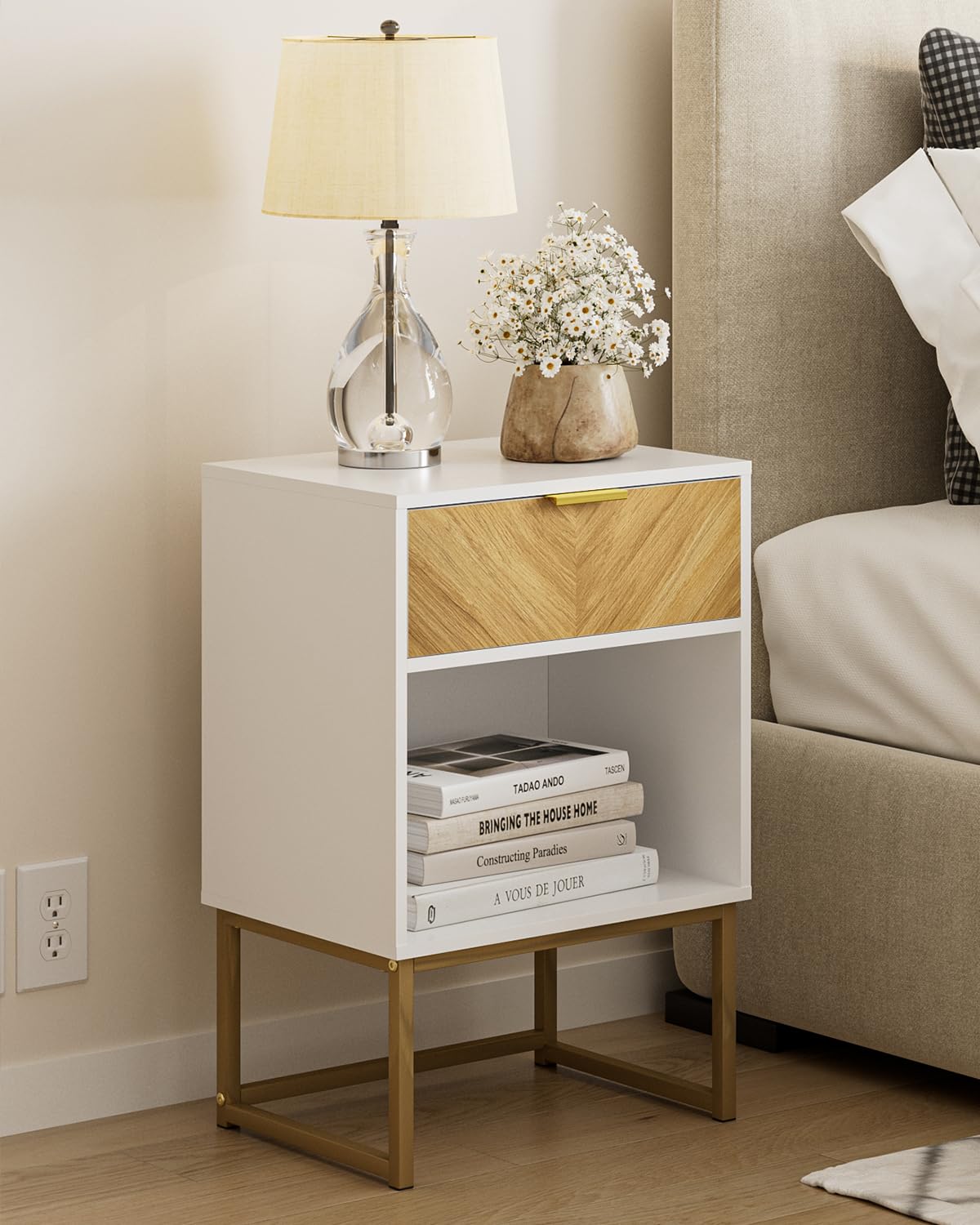 Masupu Nightstand,Modern Night Stand Boho Farmhouse Wood Bedside Table with Storage Drawer Side End Table for Bedroom,Living Room,Office,White Masupu