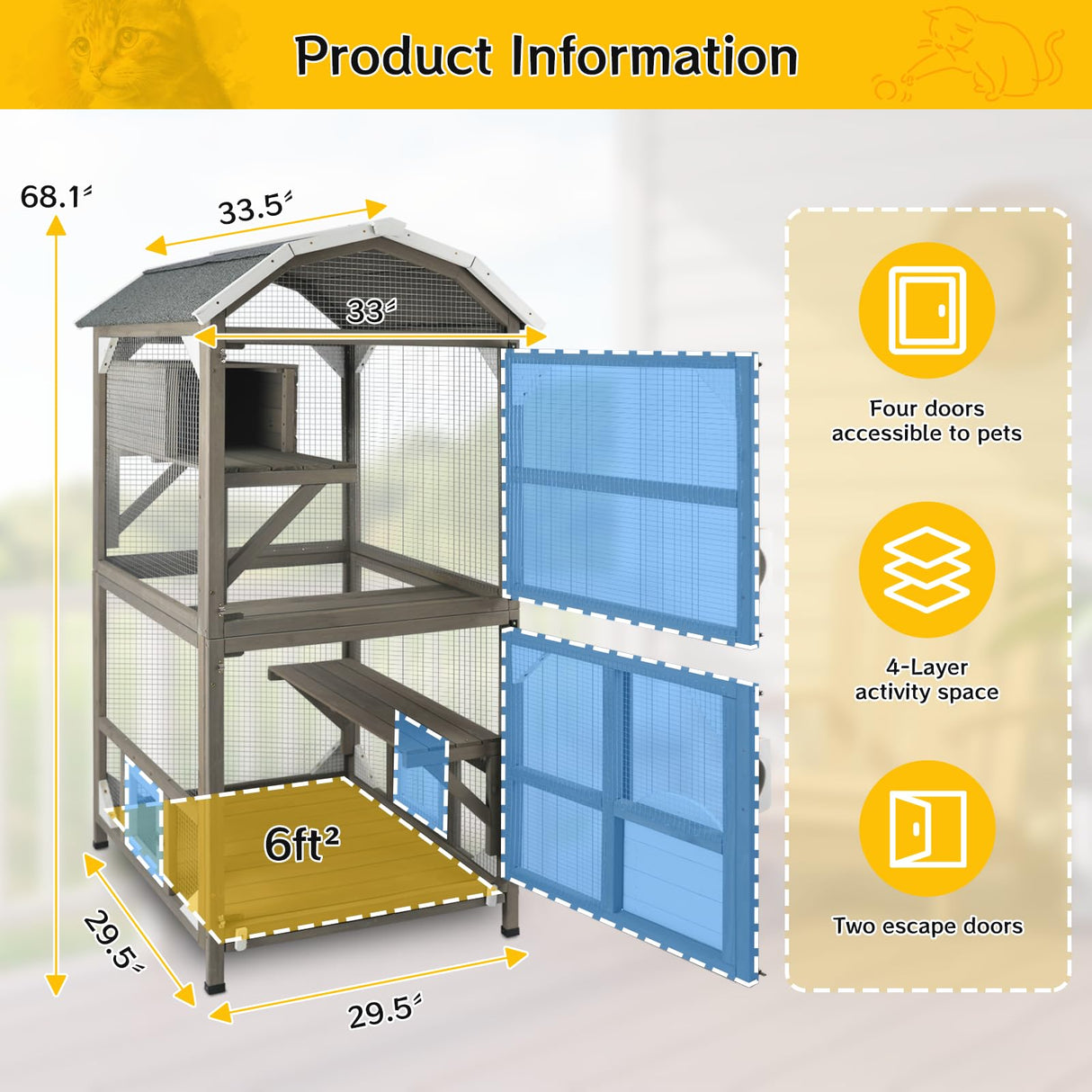 Catio Cat House Outdoor Cat Enclosure Window Large Cat Cage Indoor Outdoor with Multiple Platforms Waterproof Roof and Resting Box Shelter for Stray Kittens (Grey, 29.5" D x 29.5" W x 68.1" H) ketive