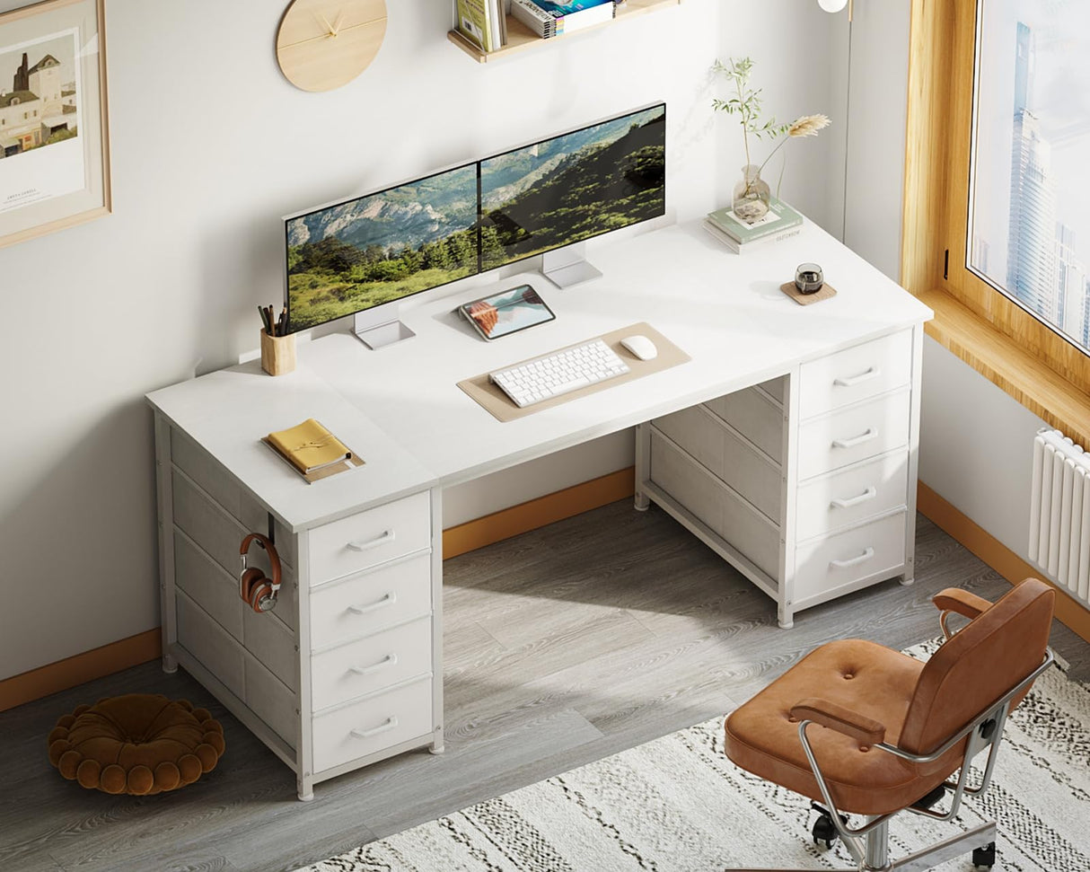 ODK 55 Inch Computer Desk with 8 Fabric Drawers, Modern Office Desk with Large Storage for Home Office, Study, Gaming, White ODK