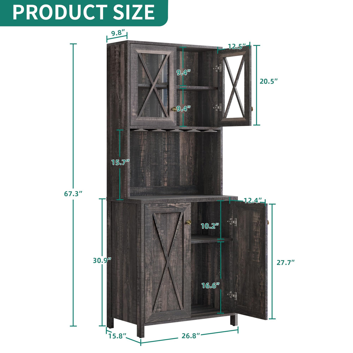 YITAHOME Kitchen Pantry Cabinet Storage with Microwave Stand, 67'' Tall Pantry Buffet Cabinet w/Acrylic Glass Doors and Glass Holder, Freestanding Hutch Cupboard for Home, Kitchen, Dark Rustic Oak YITAHOME