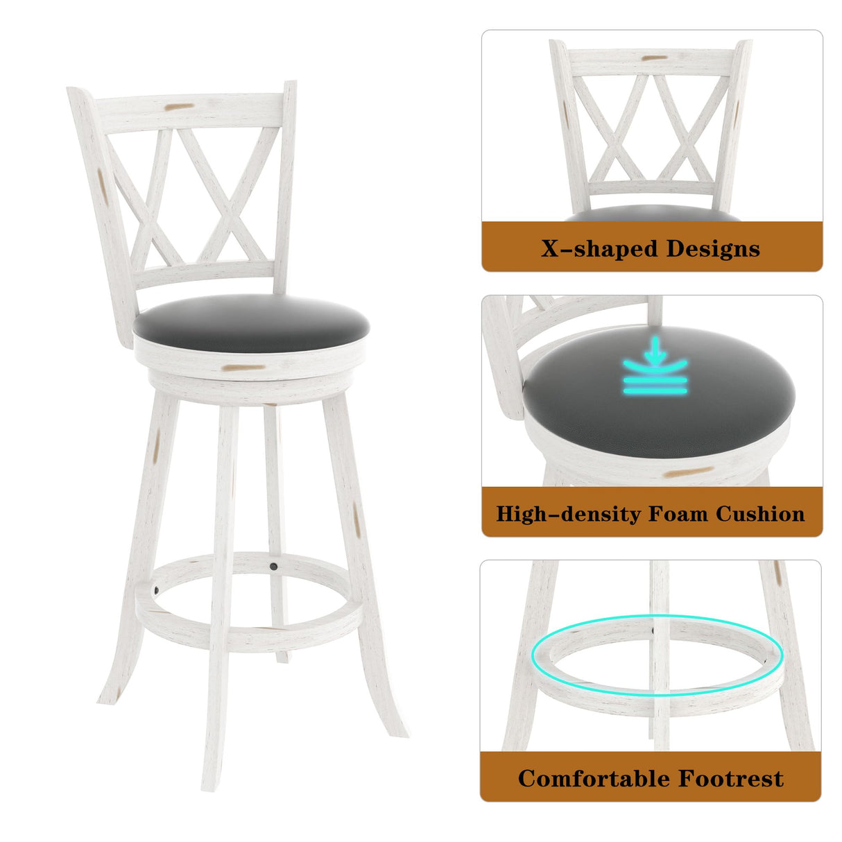 Betterhood 29" Bar Height Swivel Stools - High Back Swivel Barstools with Upholstered Seat & Solid Wood Footrest, Counter Bar Chairs for Kitchen Island & Pub (White, Set of 2) Betterhood