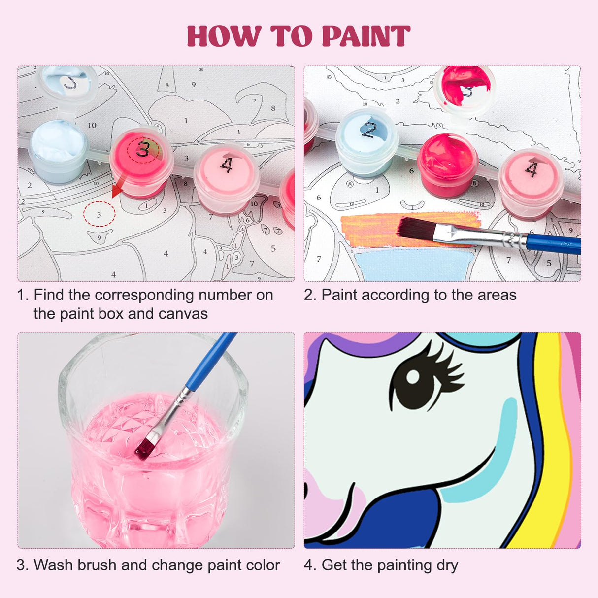 MXJSUA 4 Pack Cartoon Unicorn Paint by Numbers Kit with Framed Canvas for Kids, Rainbow Unicorn by Number Painting Kits for Ages 6-12 Kids, Acrylic Oil Paint by Number Kits for Beginners 8x8 Inch MXJSUA