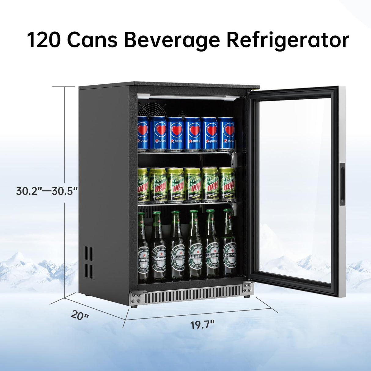 Weili 20 Inch Built in Beverage Refrigerator with Lock, Under Counter or Freestanding 120 Can Soda Beer Drink Cooler Fridge with Stainless Steel and Glass Door Weili