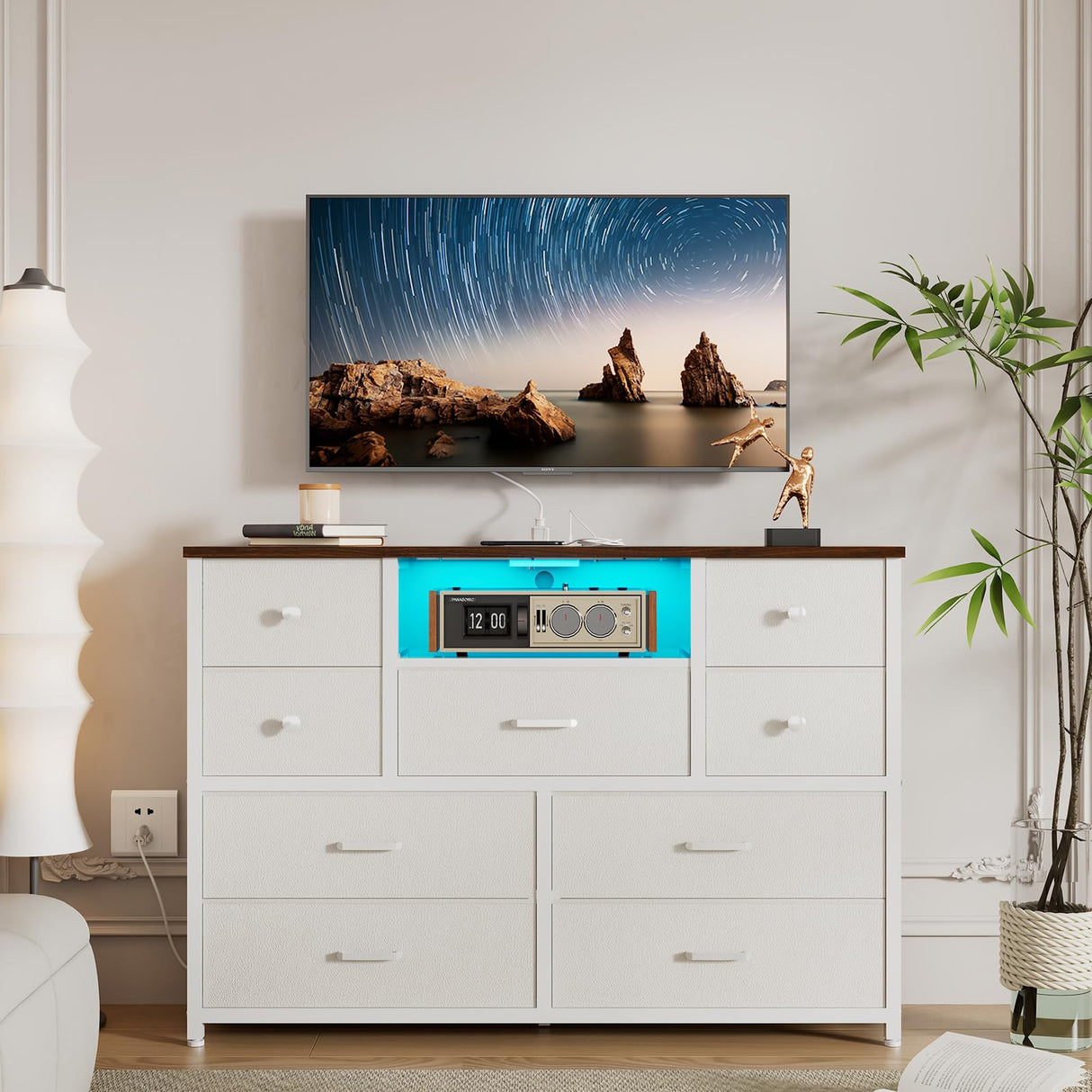 Dresser for Bedroom with 9 Drawers, White Storage Organizer TV Stand for 55" TV with LED Lights and Sockets, Fabric Chest of Drawers with PU Finish for Kid Room, Entryway, Living Room, Hallway LIWEIJIA