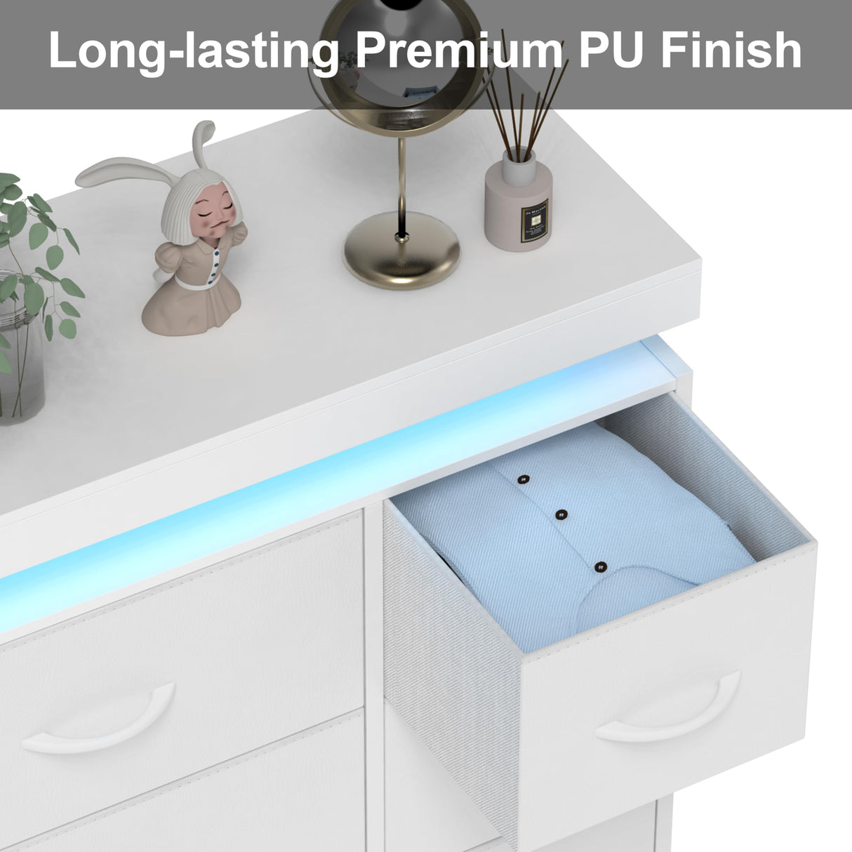 Tohomeor TV Stand 9 Drawer Dresser with Power Outlet LED Lights, Modern Chest of Drawers Fabric Drawers with PU Finish Small TV Console Table Dresser for Living Room (White, 9 Drawers) Tohomeor