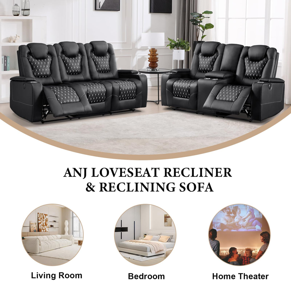 ANJ Recliner Sofa,Power Reclining Couch with USB Ports and Cup Holders - Overstuffed Electric Living Room Seating PU Leather Recliner Sofa Set with Hidden Arm Storage, Easy to Clean (Black) ANJ