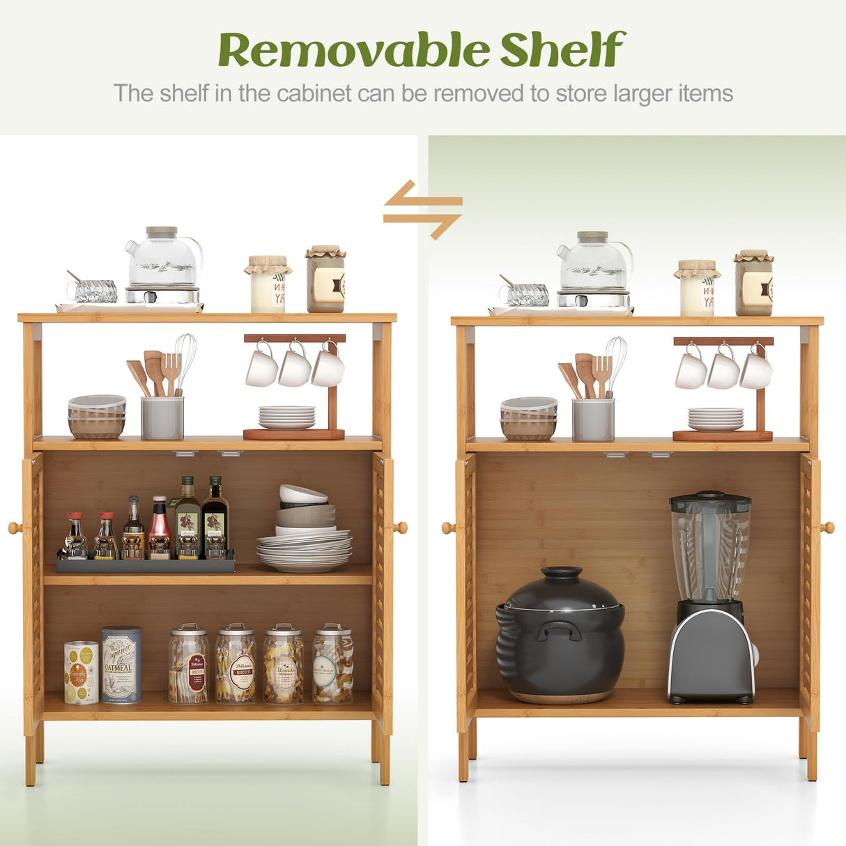 Tangkula Bamboo Floor Cabinet, Bathroom Storage Cabinet with Double Slatted Doors, Open Shelf, Removable Shelf, Storage Organizer for Bathroom Doorway Living Room Kitchen Tangkula