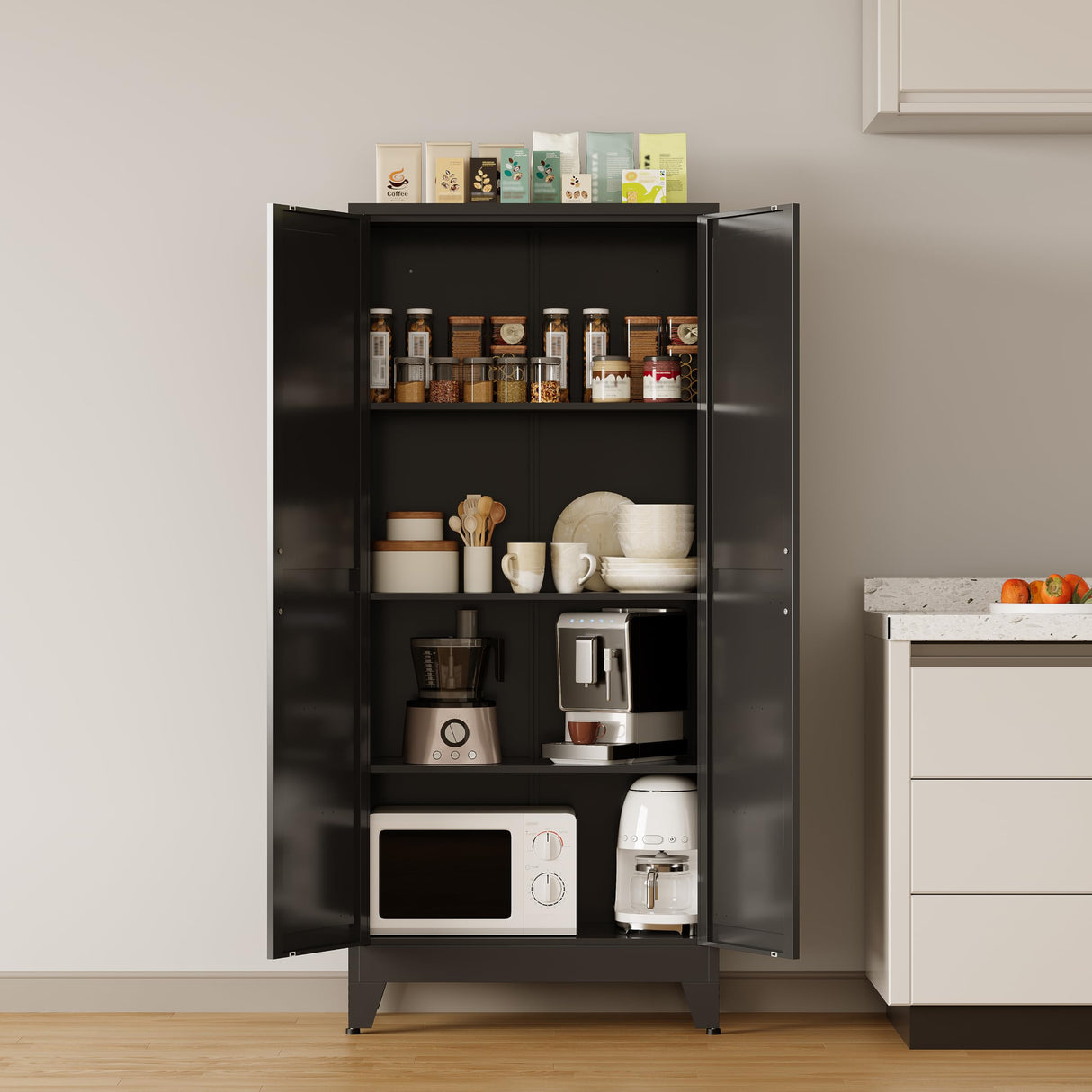 COFaR Black Metal Cabinet, 61 in Tall Metal Storage Cabinet with 3 Adjustable Shelves and Barn Doors, Farmhouse Cupboard Storage for Garage Kitchen Pantry Office, 4-Tier COFaR