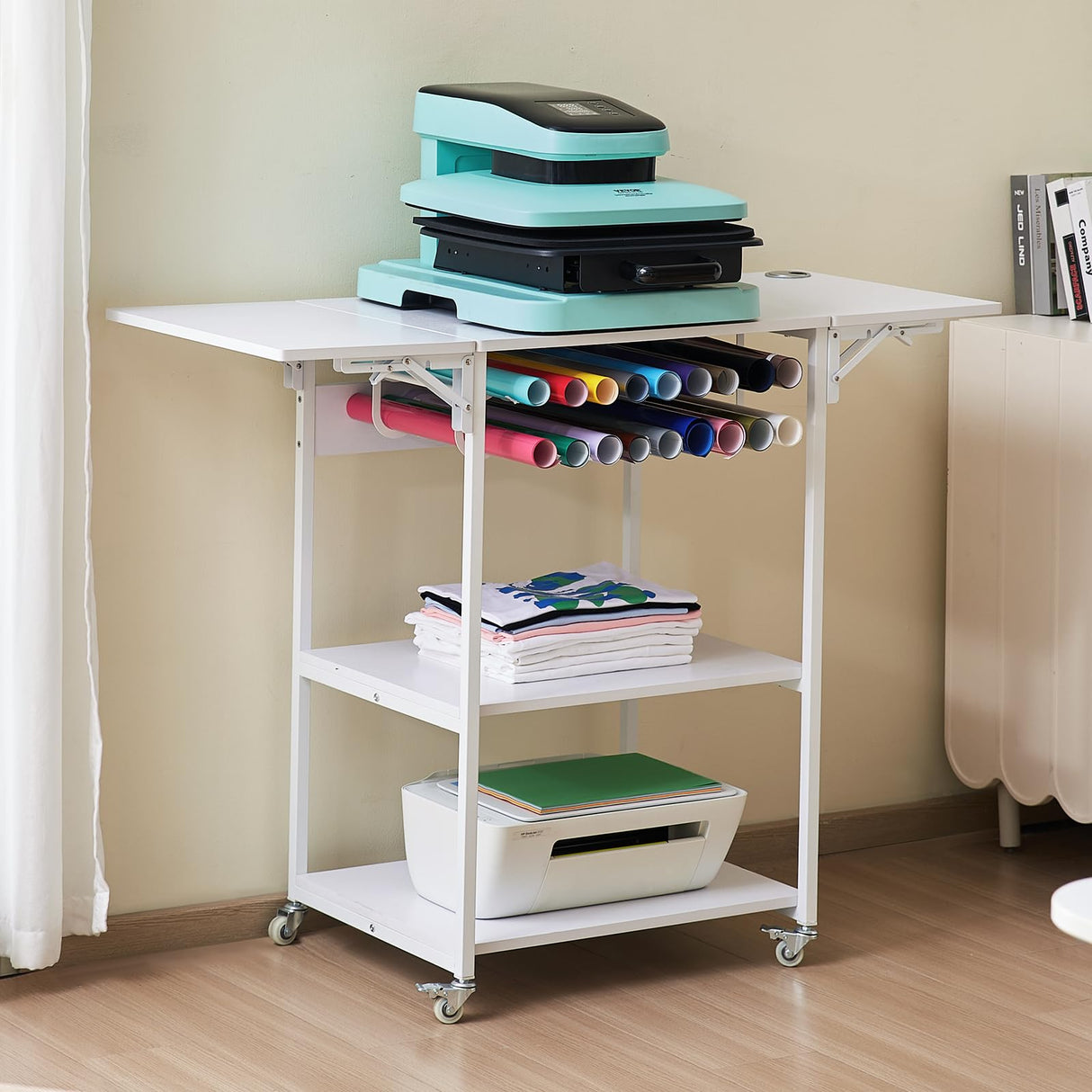 VEVOR 3 Tier Movable Heat Press Table, Foldable Heat Transfer Machine Stand with Vinyl Roll Holder, Heavy Duty Rolling Metal Workbench for DIY Sublimation Transfer Machine and Printer VEVOR