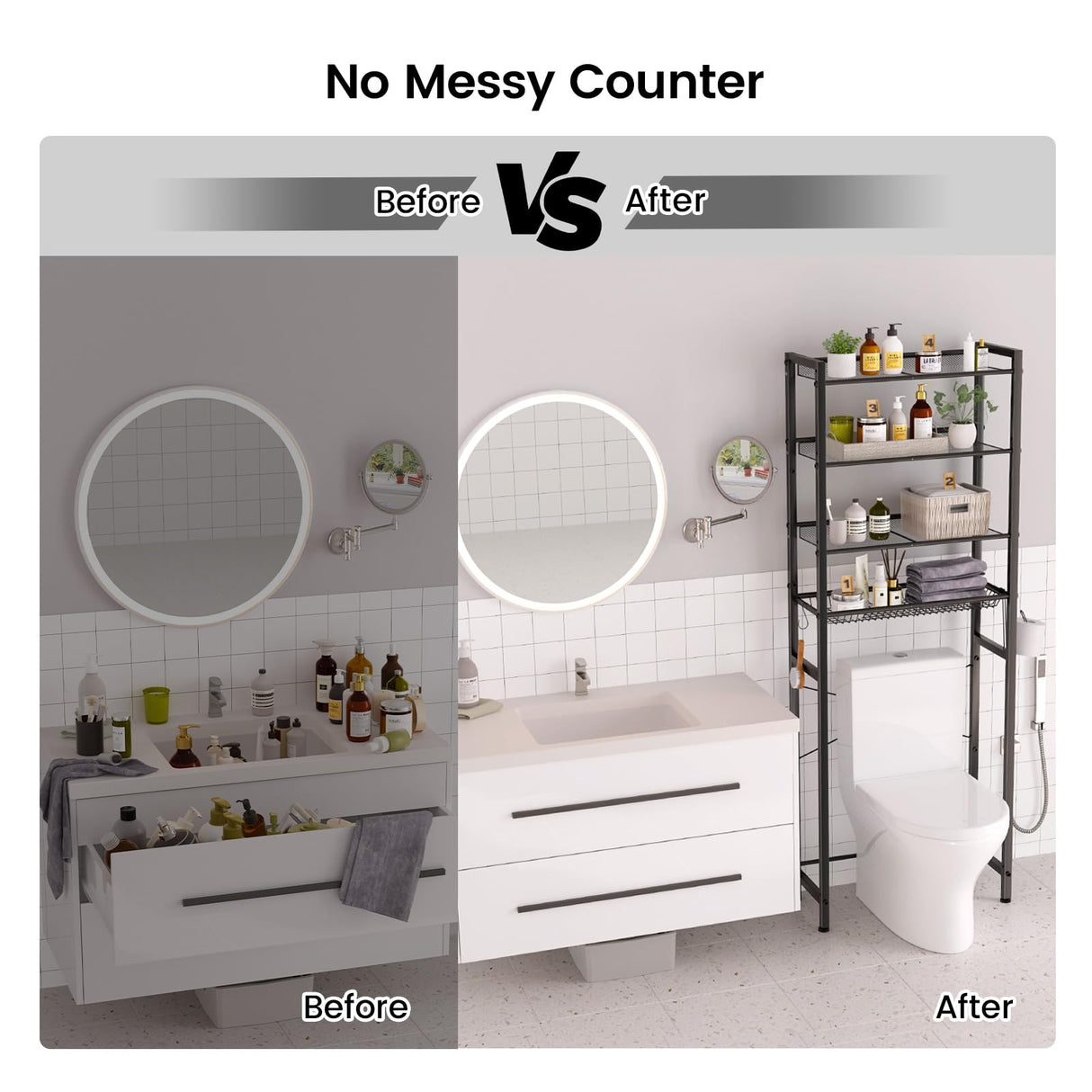 IFELS Over The Toilet Storage Cabinet, Over Toilet Bathroom Organizer Shelf 4 Tier Large Capacity, Sturdy Space Saving Bathroom Shelves Over Toilet Storage, Pre Drilled Holes, Easy to Assemble(Black) IFELS