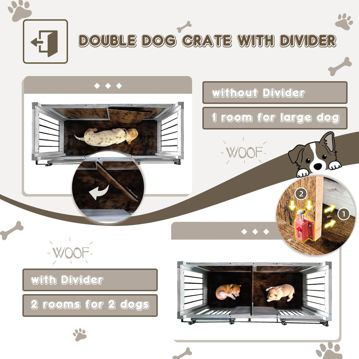 Erinnyees Solid Wood Dog Crate Furniture, 72.4" Wooden Indoor Dog Kennel Furniture for Large Dogs, Heavy Duty Dog Crates with Divider, Indoor Dog Cage Furniture TV Stand with Sliding Doors and Drawers Erinnyees