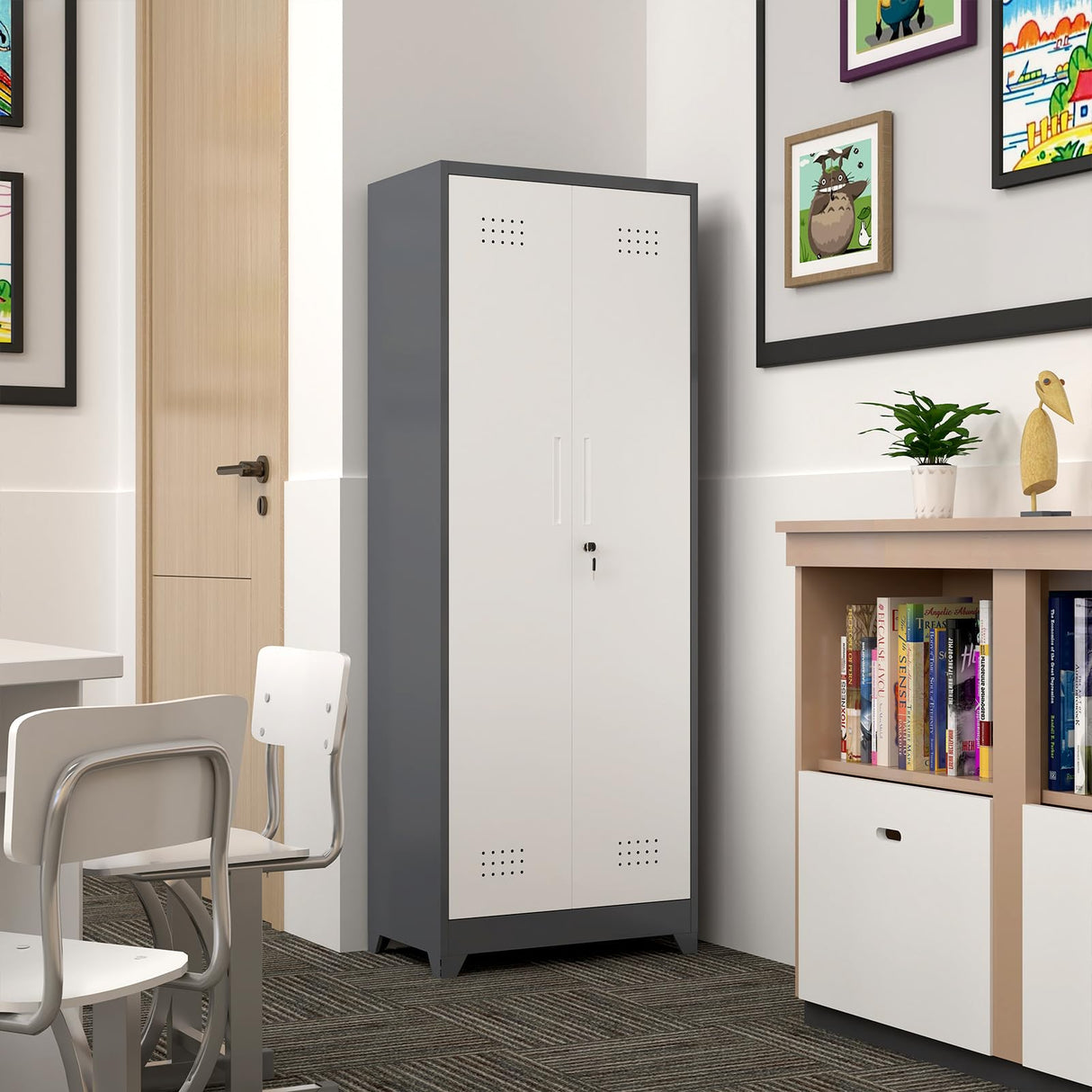 GREATMEET 65" H Broom Closet, Broom Closet Cabinet with Pegboard and Hanging Rod, Cleaning Tool Storage Cabinet, Tall Metal Utility Closet with Locking Doors for Bathroom, Garage GREATMEET