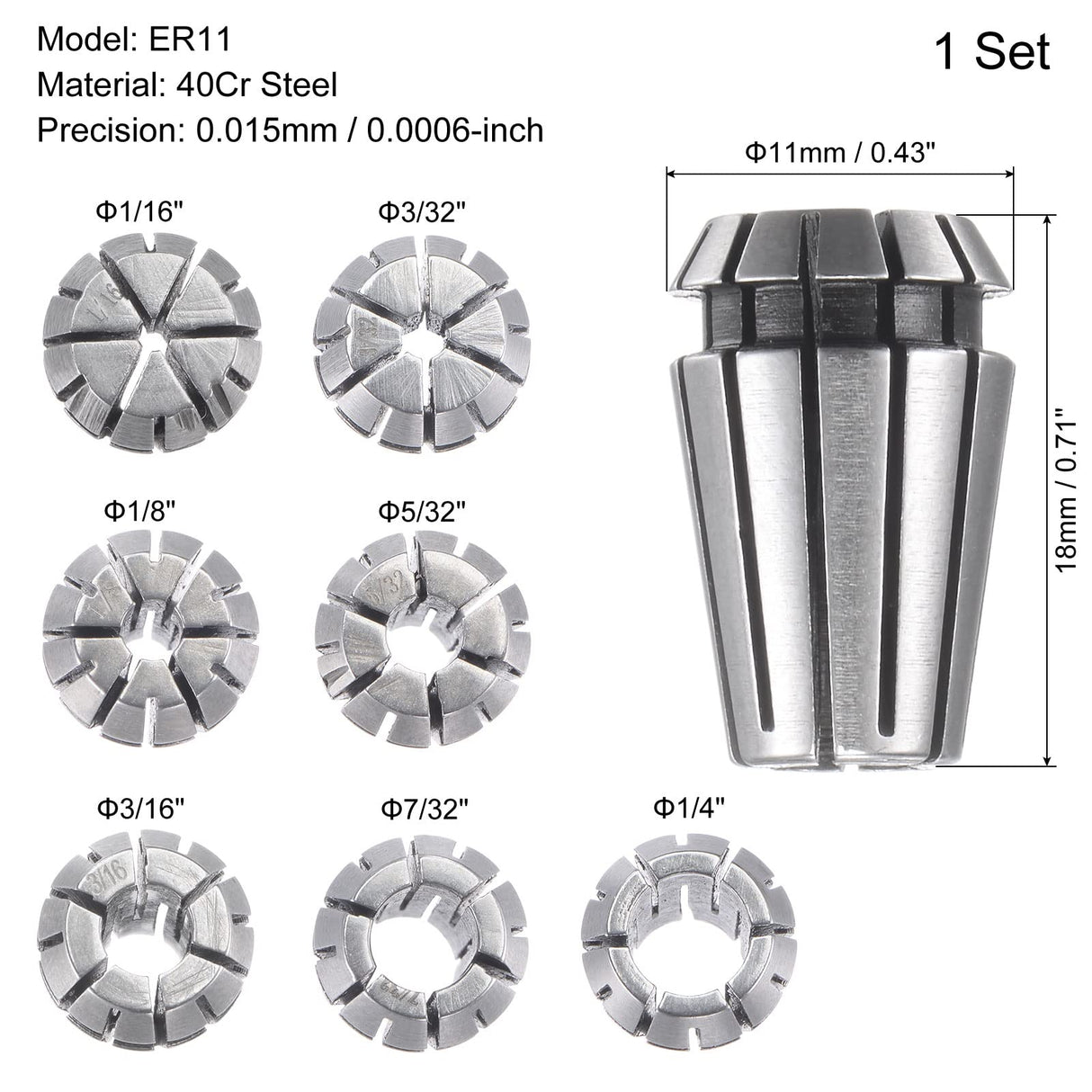 uxcell 7pcs ER11 Spring Collet Set, 1/16" to 1/4" Chuck for CNC Machine Lathe Milling uxcell