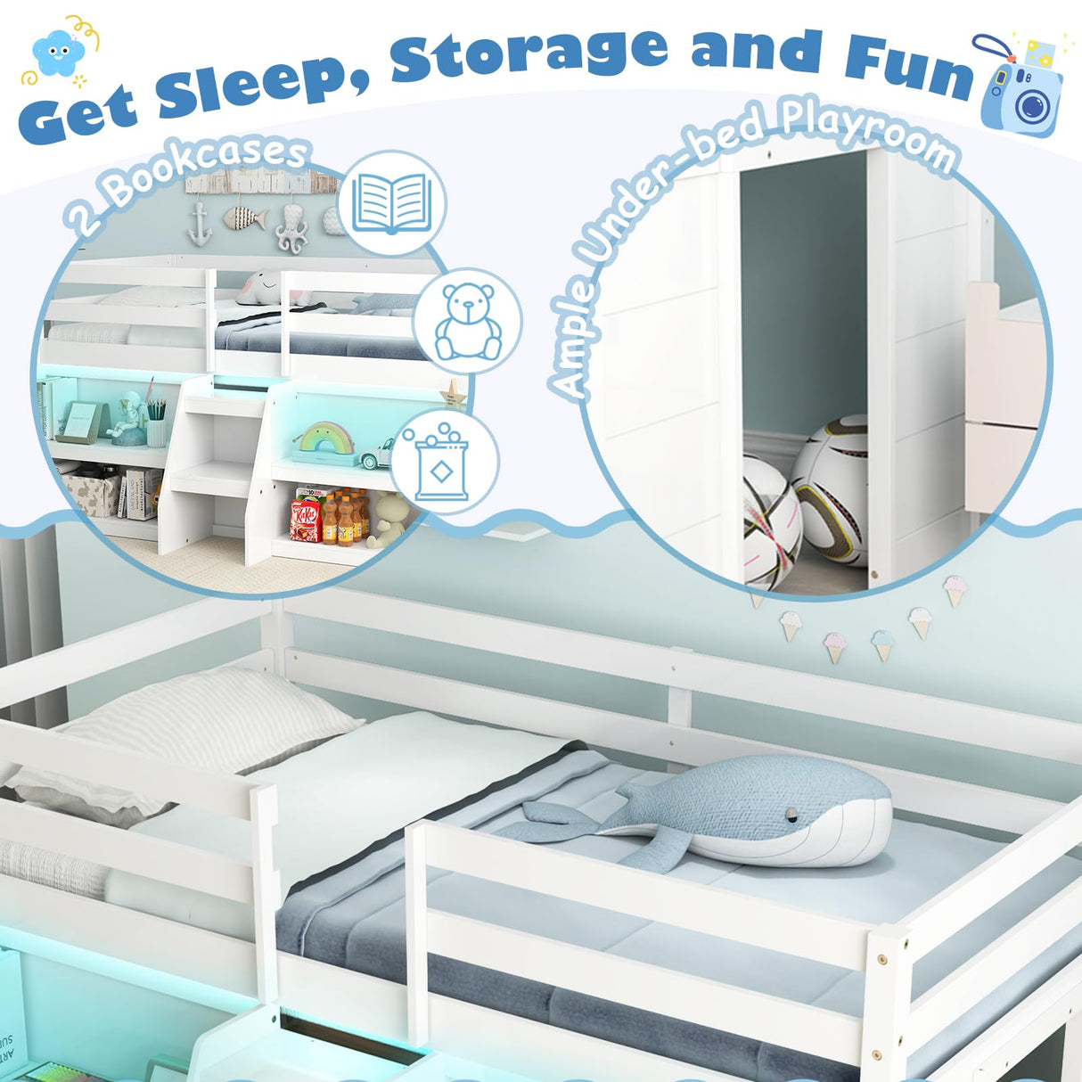 KOMFOTT Low Loft Bed with LED Light & 2 Bookcases, Wood Kids Twin Bed with Under-Bed Play Space, Stairs & Guardrails, No Box Spring Needed, Modern Low Loft Bed Frame, White KOMFOTT